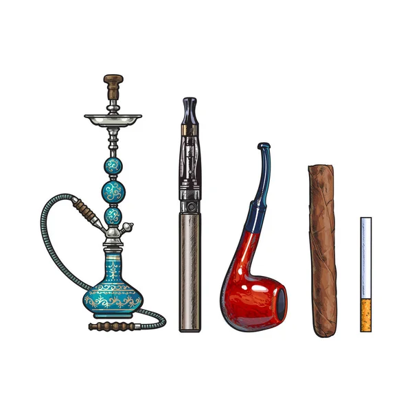 Conjunto de acessórios para fumar - narguilé, cigarros, charuto e cachimbo — Vetor de Stock