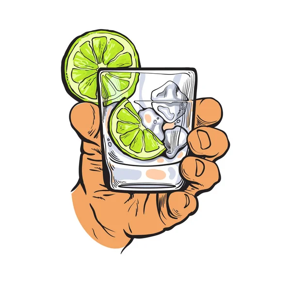 Vaso de mano de ginebra, vodka, agua con hielo, cal — Vector de stock