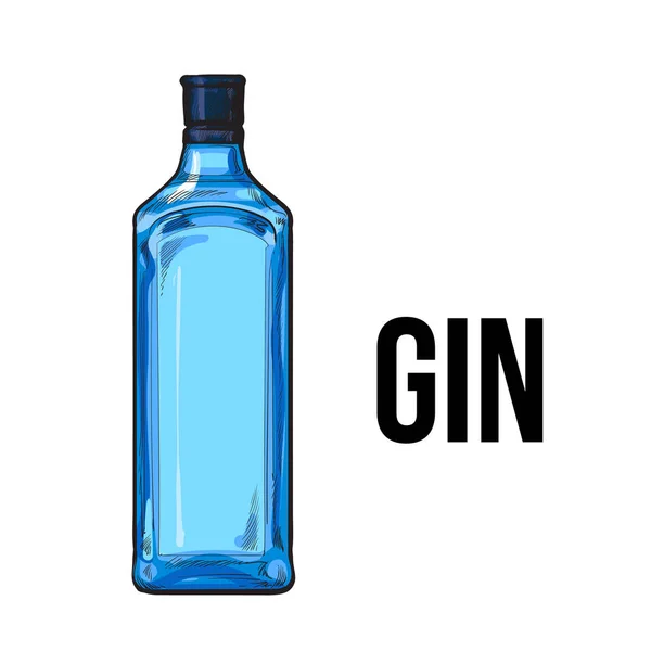 Traditionele labelloze, ongeopende blauwe gin glazen fles, schets vectorillustratie — Stockvector