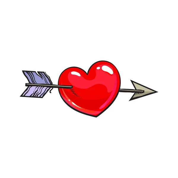 Rode glanzende cartoon hart gereconstrueerd door Cupido pijl, symbool van de liefde — Stockvector