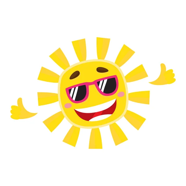 Sonriente, sol alegre con gafas de sol, ilustración vectorial de dibujos animados aislados — Archivo Imágenes Vectoriales