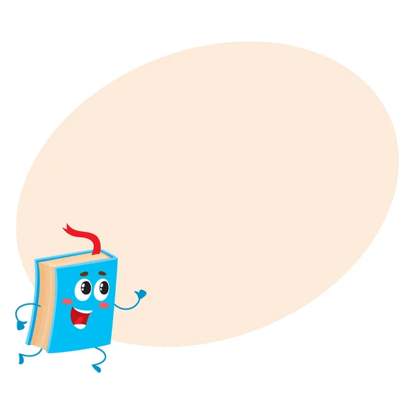 Funny book character running with bookmark ribbon visible — Stock Vector