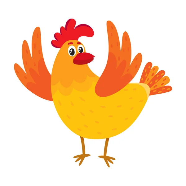 Divertido pollo de dibujos animados, gallina sorprendida o saltando de la felicidad — Vector de stock