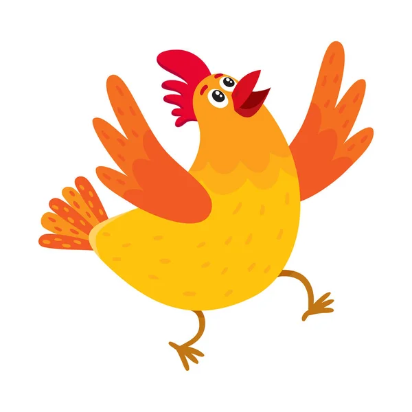 Divertido pollo de dibujos animados, gallina sorprendida o saltando de la felicidad — Vector de stock