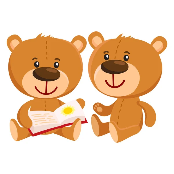 Deux personnages d'ours en peluche de style rétro assis et lecture livre — Image vectorielle