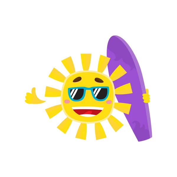 Sol sorridente usando óculos de sol e segurando prancha de surf, ilustração vetorial — Vetor de Stock