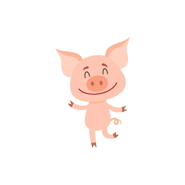 Маленька свиня танцює на двох задніх ногах з закритими очима — стоковий вектор