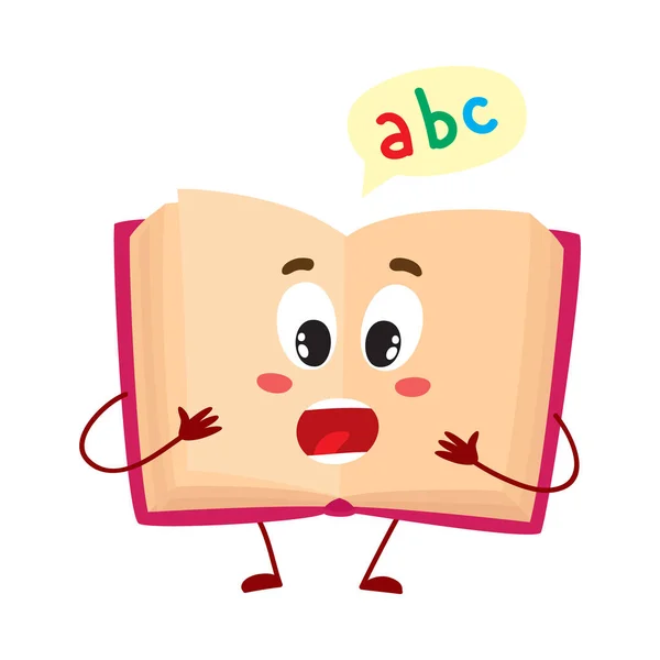 Caráter aberto engraçado do livro ABC com expressão de rosto surpreso — Vetor de Stock