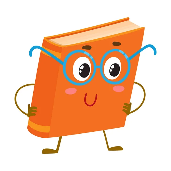 Lustige orangefarbene Buchfigur in runden blauen Nerdbrillen — Stockvektor