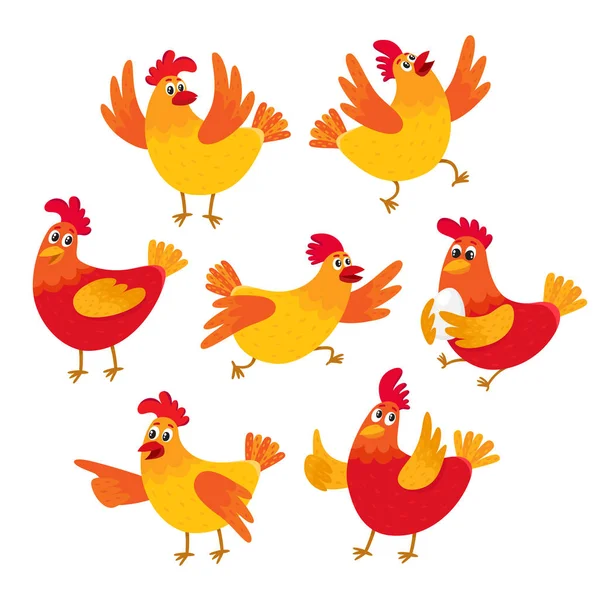 Divertida caricatura de pollo rojo y naranja, gallina en varias poses — Vector de stock