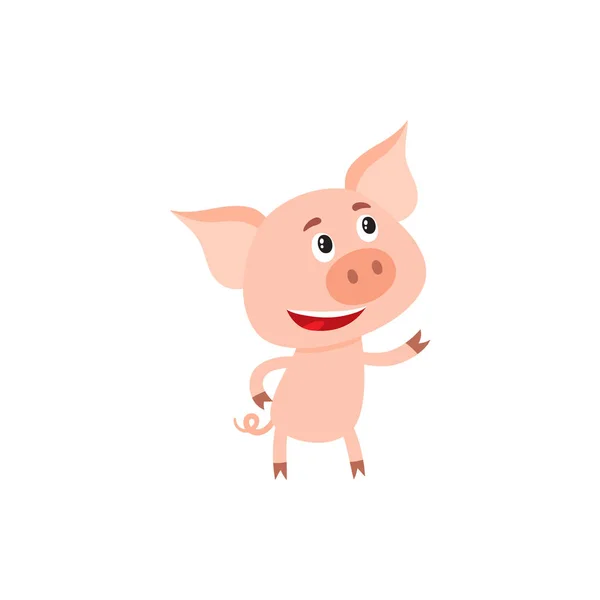 Забавная маленькая свинья стоит на двух ногах и смотрит вверх — стоковый вектор