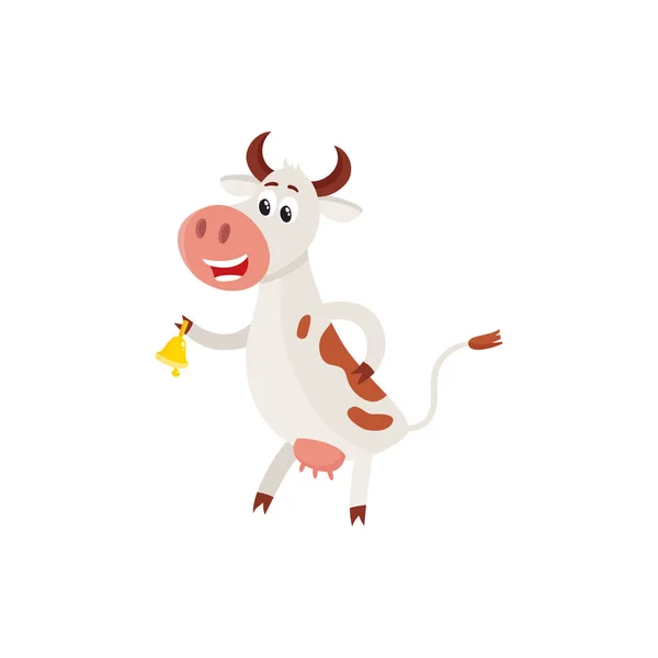 Vache tachetée debout sur les pattes arrière et sonnant une cloche — Image vectorielle