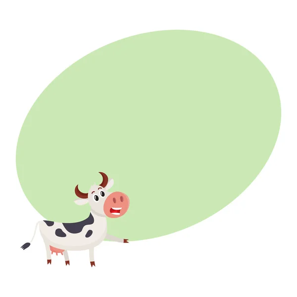 Caráter de vaca manchado preto e branco engraçado apontando para algo — Vetor de Stock