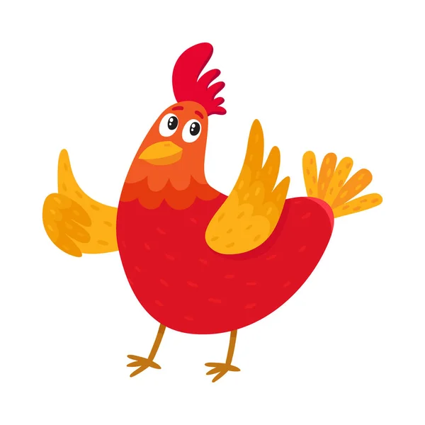 Funny cartoon chicken, hen pointing to something with wing — Stock Vector