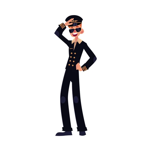 Молодий пілот цивільної авіакомпанії в чорній формі і сонцезахисних окулярах — стоковий вектор