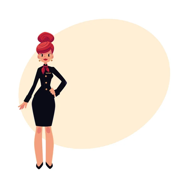 Ritratto di bella hostess dai capelli rossi in uniforme nera — Vettoriale Stock