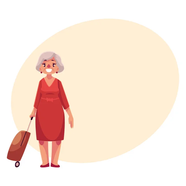 Παλιά, ανώτερος γυναίκας με κόκκινο φόρεμα με βαλίτσα στο αεροδρόμιο — Διανυσματικό Αρχείο