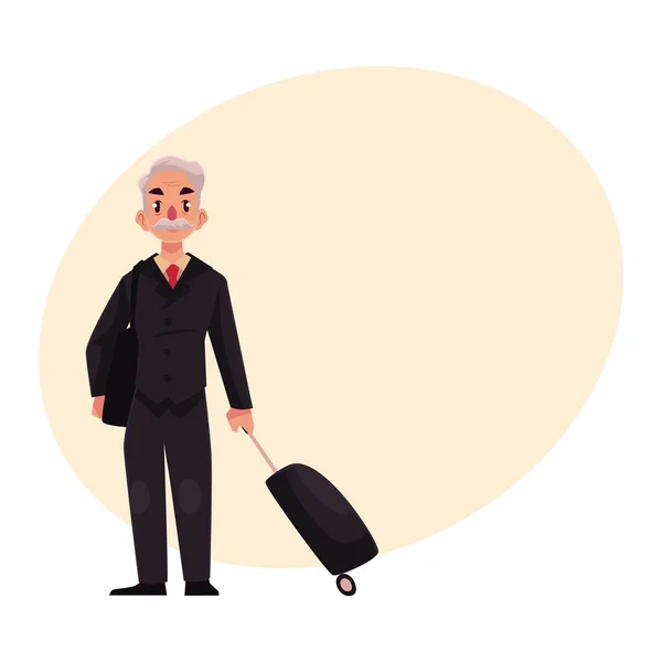 Viejo, hombre mayor en traje negro con maleta en el aeropuerto — Vector de stock