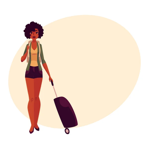 Chica afroamericana bonita, viajera con mochila y maleta — Archivo Imágenes Vectoriales