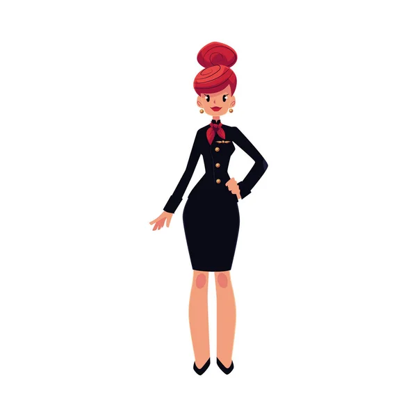 Portret van mooie rode haired stewardess in zwart uniform — Stockvector