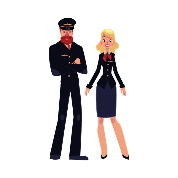 Brodaty pilot i stewardesa blond w czarnym mundurze — Wektor stockowy