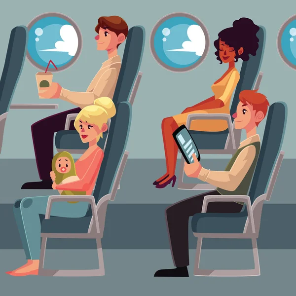 Set van vliegtuig passagiers in de economy class, vectorillustratie zitplaatsen — Stockvector