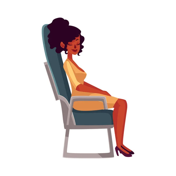 Young beautiful black, African woman seating in airplane, economy class — Stock Vector