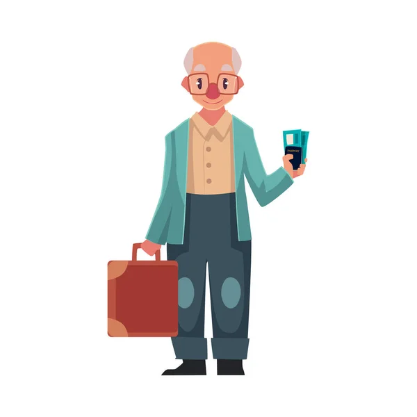 Oude, senior man in retro bril holding koffer en tickets — Stockvector