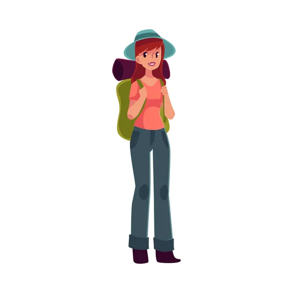 Молода красива дівчина подорожує, пішохідний туризм з рюкзаком — стоковий вектор
