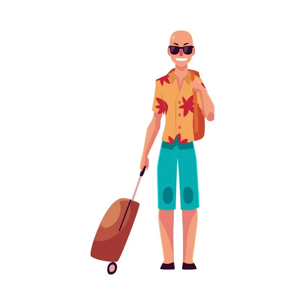 Young bald man in sunglasses and havaii shirt with suitcase — Stock Vector