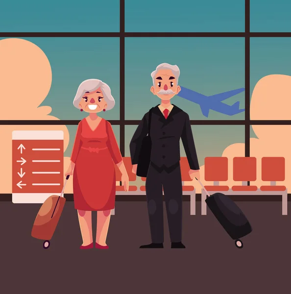 Pareja vieja de hombre y mujer con maletas en el aeropuerto — Vector de stock