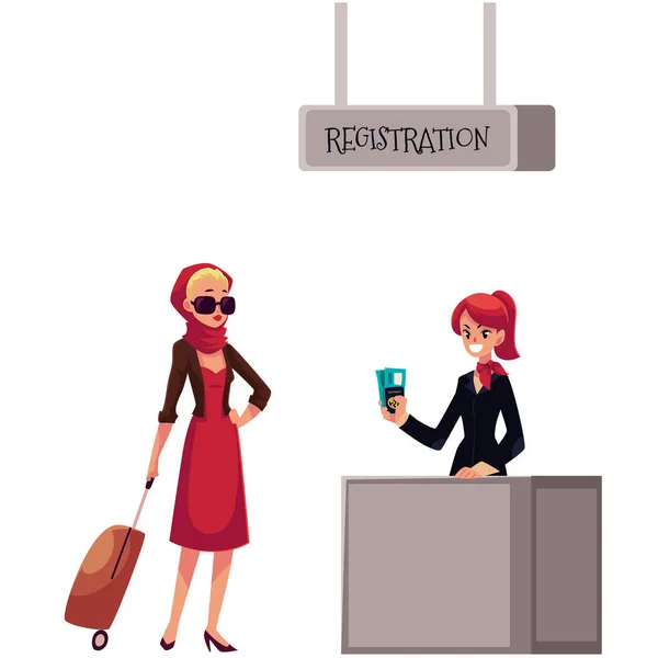 Balcão de check-in de linha para o aeroporto, registo de passageiros e bagagem — Vetor de Stock