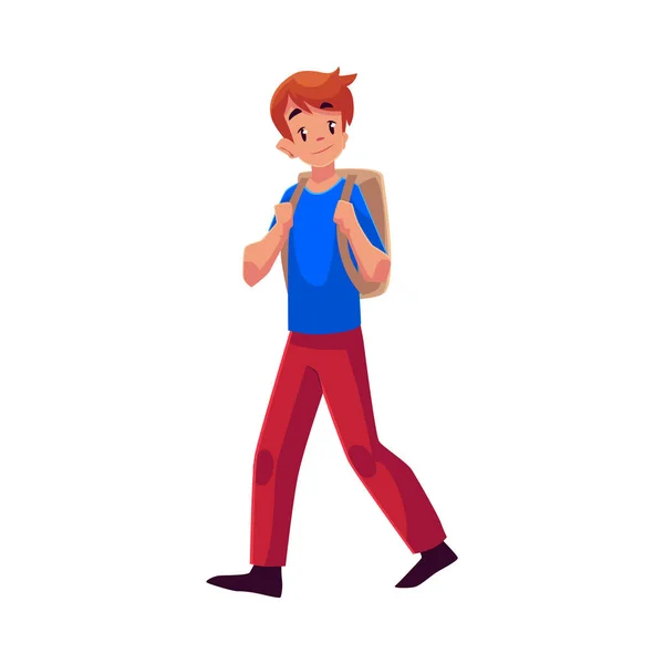 Skolan pojke, tonåringen promenader, gå någonstans med ryggsäck — Stock vektor