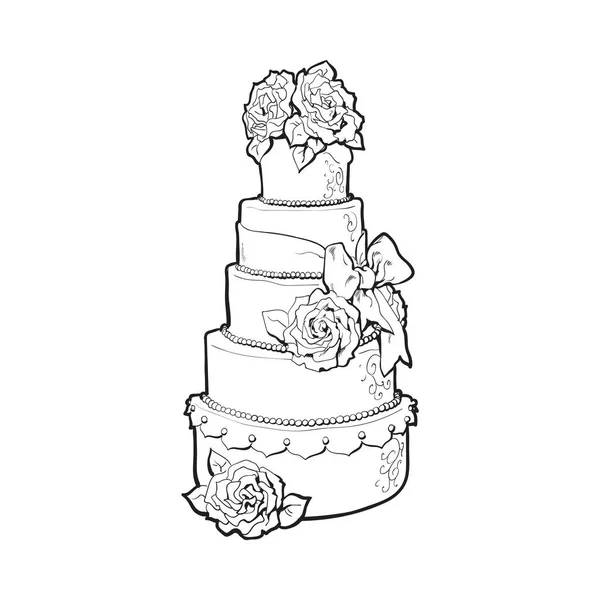 Tradiční bílé Volánové svatební dort zdobený marcipán růže — Stockový vektor