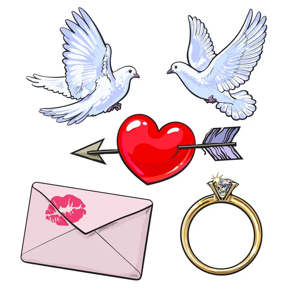 結婚式、婚約アイコン入り鳩, 心, リング, 愛の手紙 — ストックベクタ