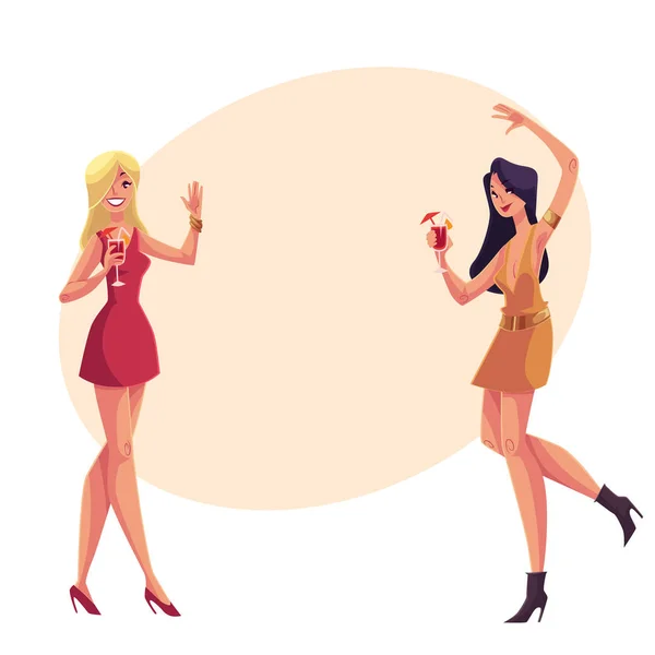 Mädchen, blond und schwarzhaarig, in kurzen roten Kleidern tanzen — Stockvektor