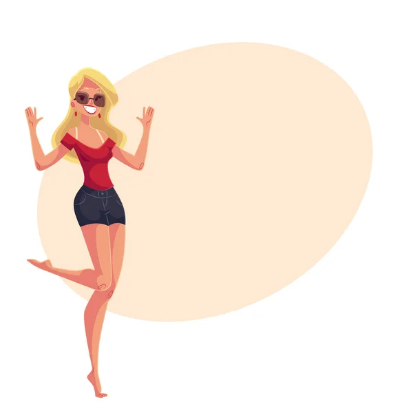 Jovem descalça mulher em óculos de sol dançando —  Vetores de Stock
