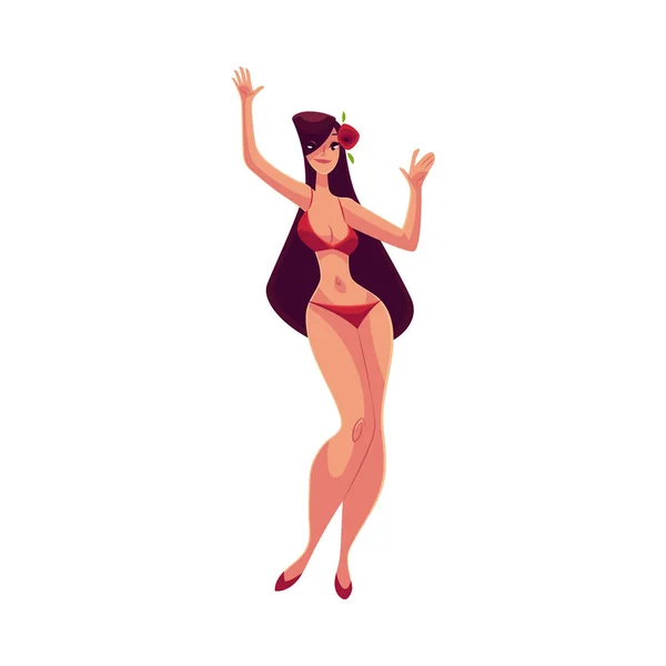 Mujer joven con curvas y pelo largo y negro en bikini bailando — Vector de stock