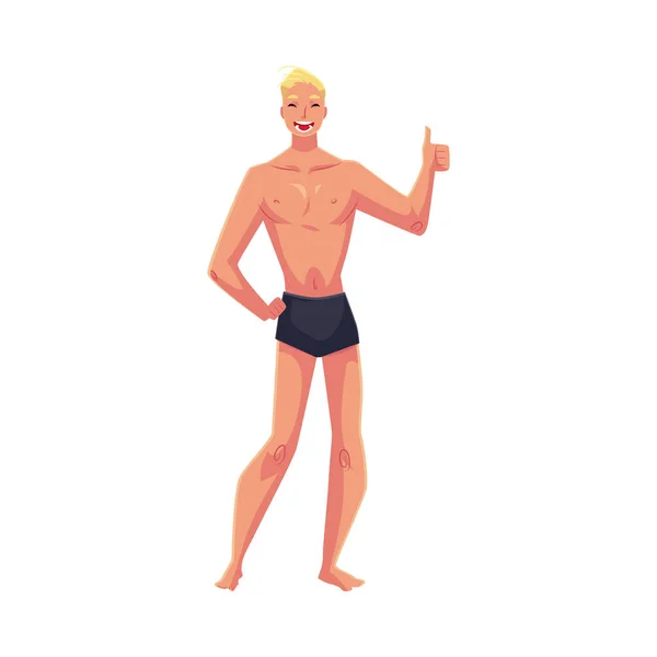 Hombre atlético joven en pantalones cortos de natación dando pulgar hacia arriba — Vector de stock