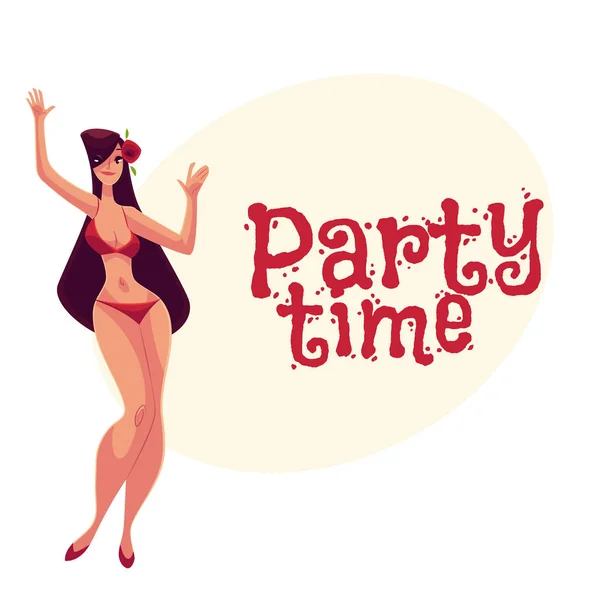 Young curvy woman with long black hair in bikini dancing — Stock Vector
