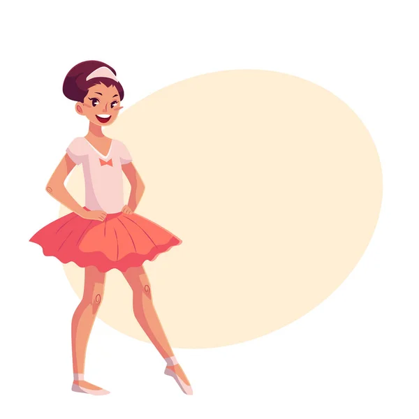 Маленькая балерина в розовой пачке, руки на талии, указательный палец на ноге — стоковый вектор