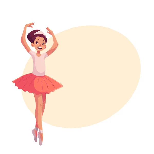 Pequeña bailarina en tutú rosa de pie en los dedos de los pies manos arriba — Vector de stock