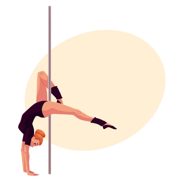 Young pole dance woman in black leotard doing hand stand — Stock Vector