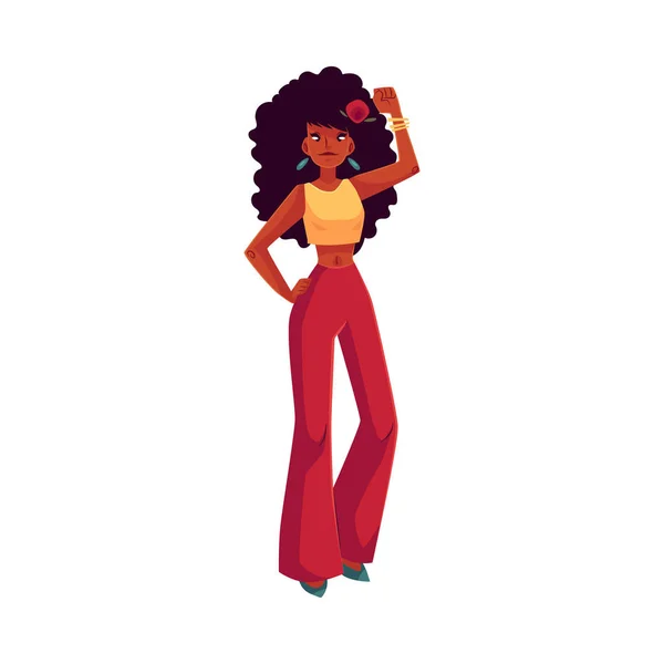 Joven mujer africana en pantalones de estilo 1960 bailando disco — Vector de stock