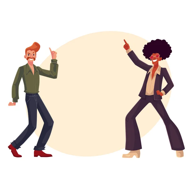 Hombres blancos y negros en la década de 1970 ropa bailando disco — Vector de stock