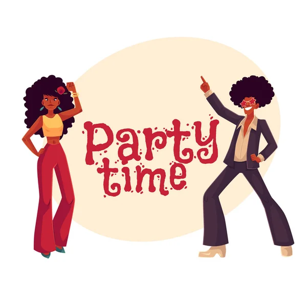 Man, woman with afro hair in 1970s clothes dancing disco — Stock Vector