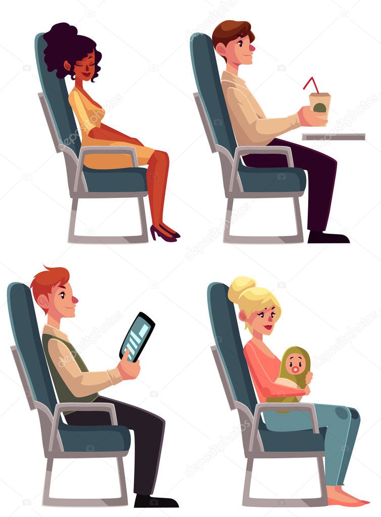 Various passengers, man and women in airplane seats