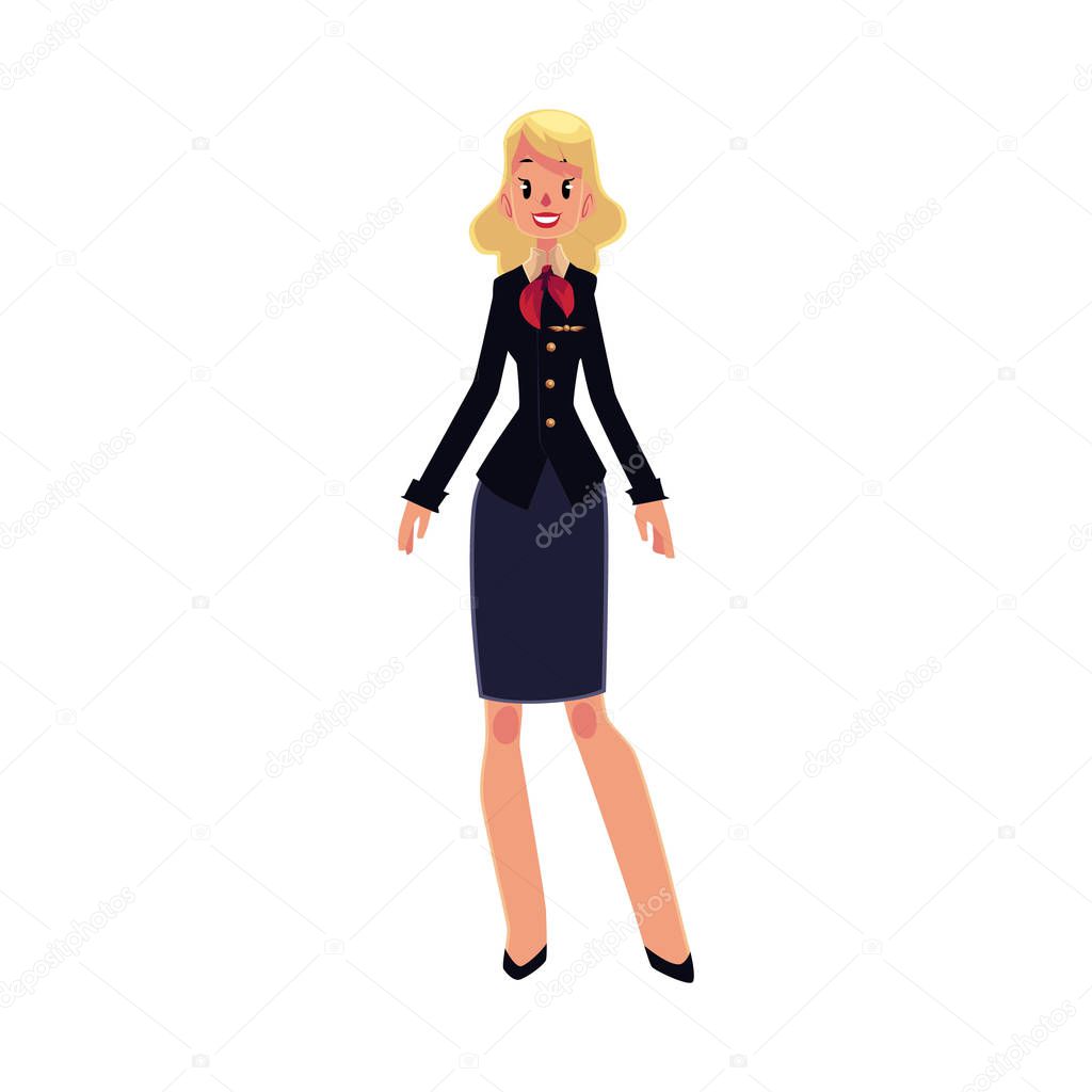 Portrait of beautiful red haired stewardess in black uniform