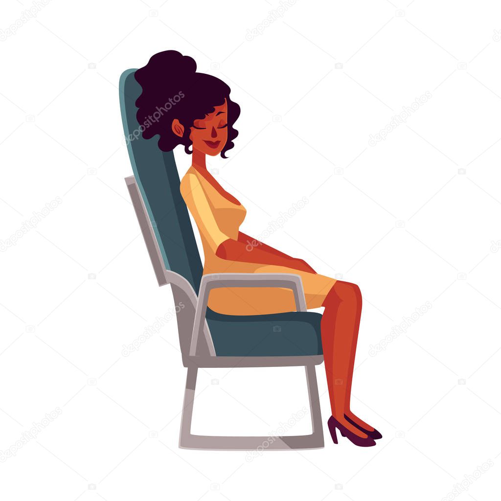 Young beautiful black, African woman seating in airplane, economy class
