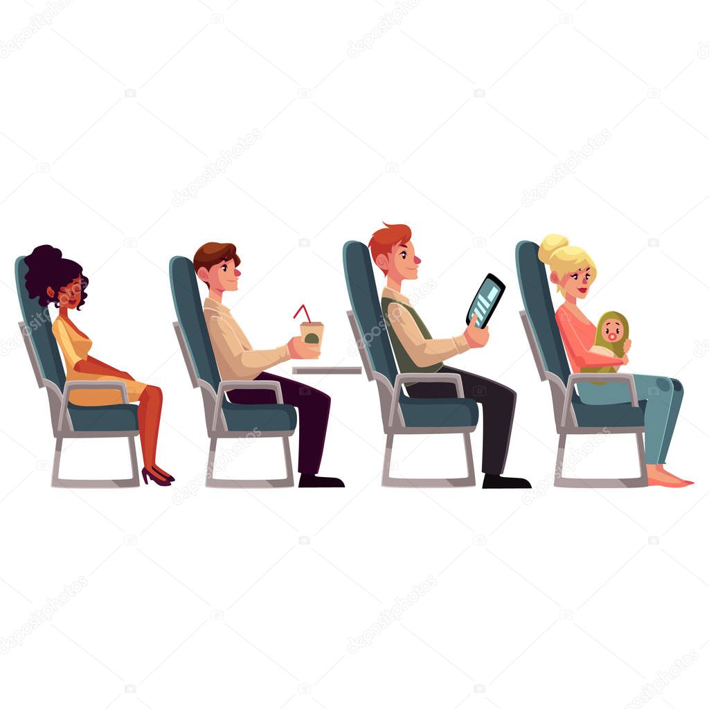 Various passengers, man and women in airplane seats